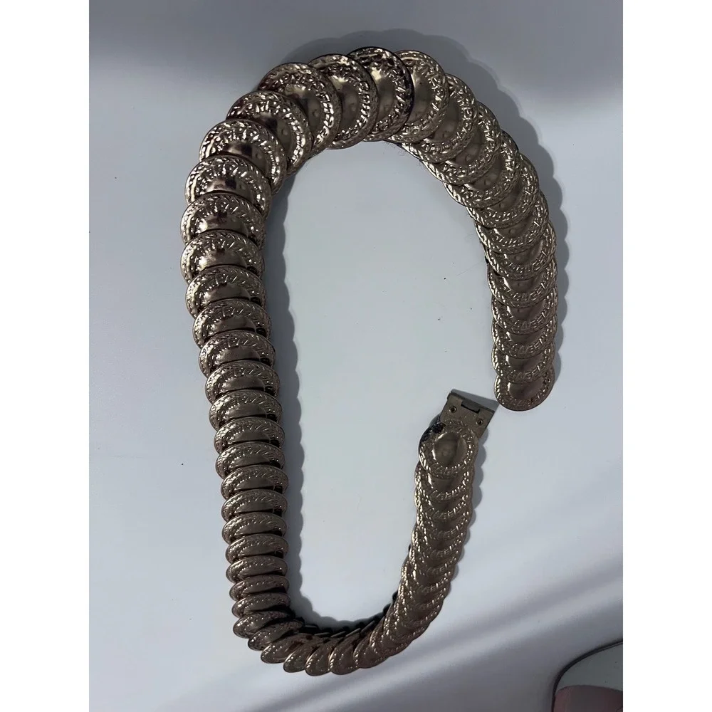 Vintage Gold Tone Coin Chain Belt Textured Metallic Disc Statement Waist Belt